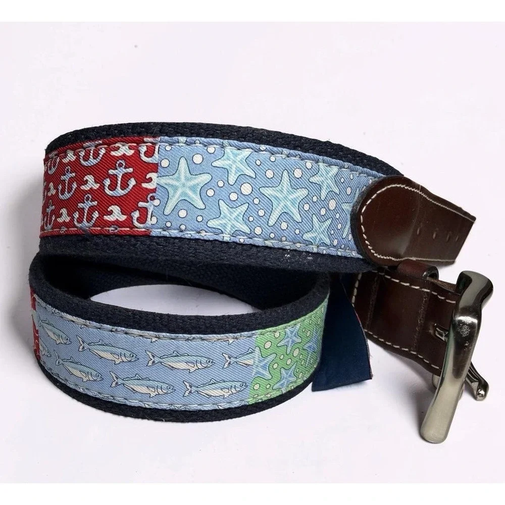 Vineyard Vines Whale Belt Canvas Leather Fish Starfish Anchor Preppy Sz 32 Lk Nw
